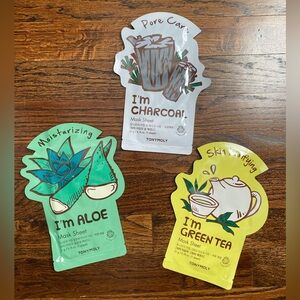 NEW 3pc set Tony Moly face sheet mask skincare: Aloe, Charcoal, Green Tea